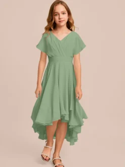 Robes de demoiselle d'honneur blanches Robes pour occasions spéciales Robes de demoiselle d'honneur à manches courtes et col en V en mousseline de soie vert menthe