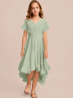 Robes de demoiselle d'honneur blanches Robes pour occasions spéciales Robes de demoiselle d'honneur à manches courtes et col en V en mousseline de soie vert menthe