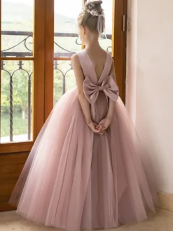 Robes de demoiselle d'honneur de mariage robes d'occasion spéciale rose Lotus nœuds sans manches