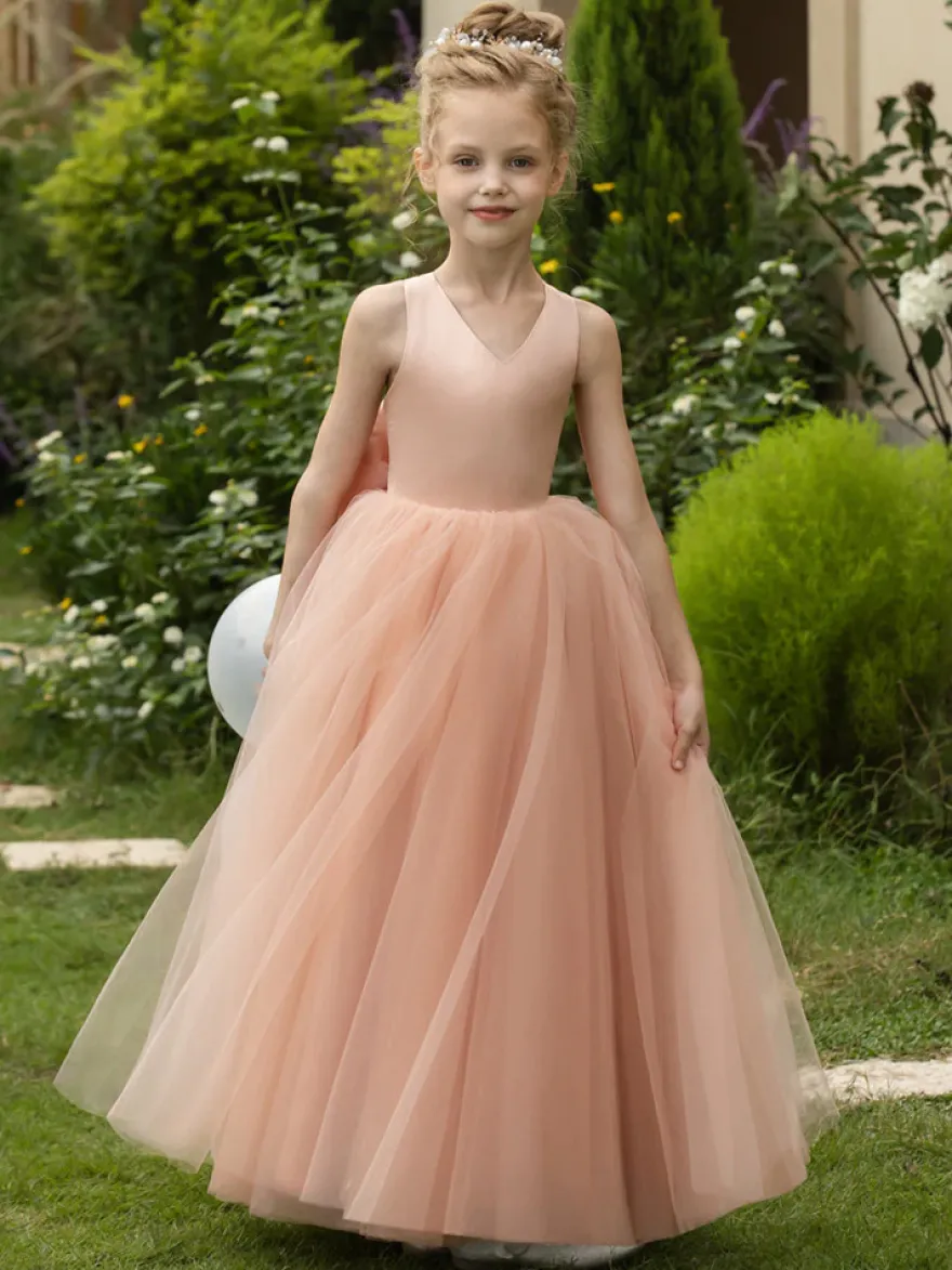 Robes de demoiselle d'honneur de mariage robes d'occasion spéciale rose blush nœuds sans manches