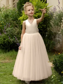 Robes de demoiselle d'honneur de mariage robes d'occasion spéciale rose blush nœuds sans manches