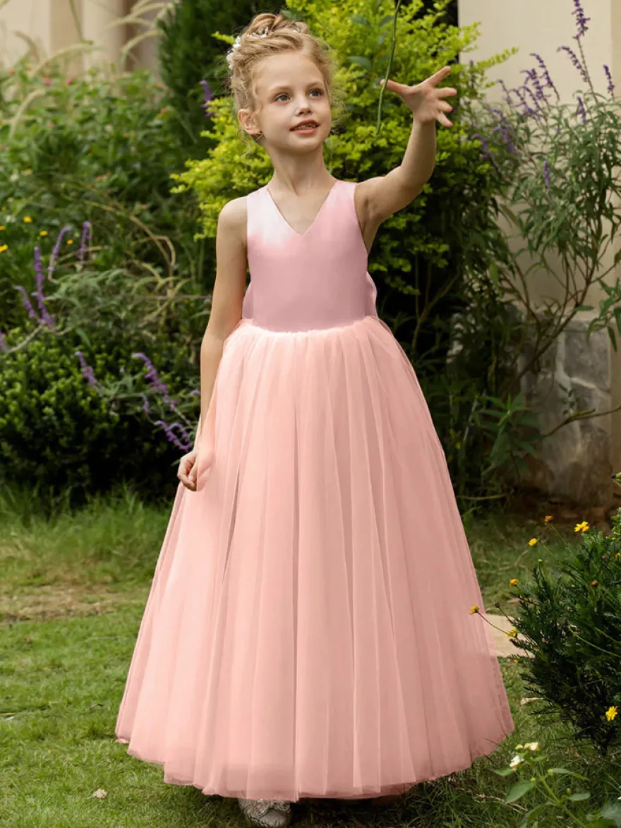 Robes de demoiselle d'honneur de mariage robes d'occasion spéciale rose blush nœuds sans manches