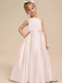 Robes de demoiselle d'honneur blanches en tissu satiné ivoire sans manches à col en V