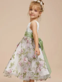 Robes de demoiselle d'honneur blanches en tissu satiné blanc sans manches à col bijou