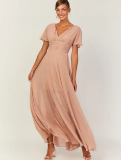 Robes de demoiselle d'honneur rose Blush col en V dos nu ligne a en mousseline robe longue de fête de mariage