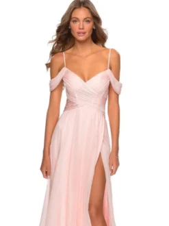 Robes de demoiselle d'honneur rose pâle en chiffon à bretelles jupe fendu longueur au sol