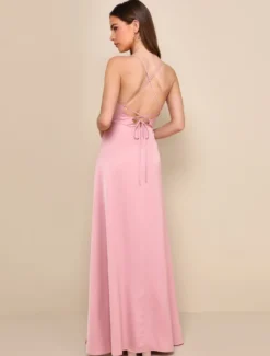 Robes de demoiselle d'honneur roses ligne a dos ouvert fente haute robe de soirée de mariage