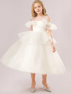 Robes de fille de fleur blanche Champagne Organza sans manches bijou cou robes de fille de fleur