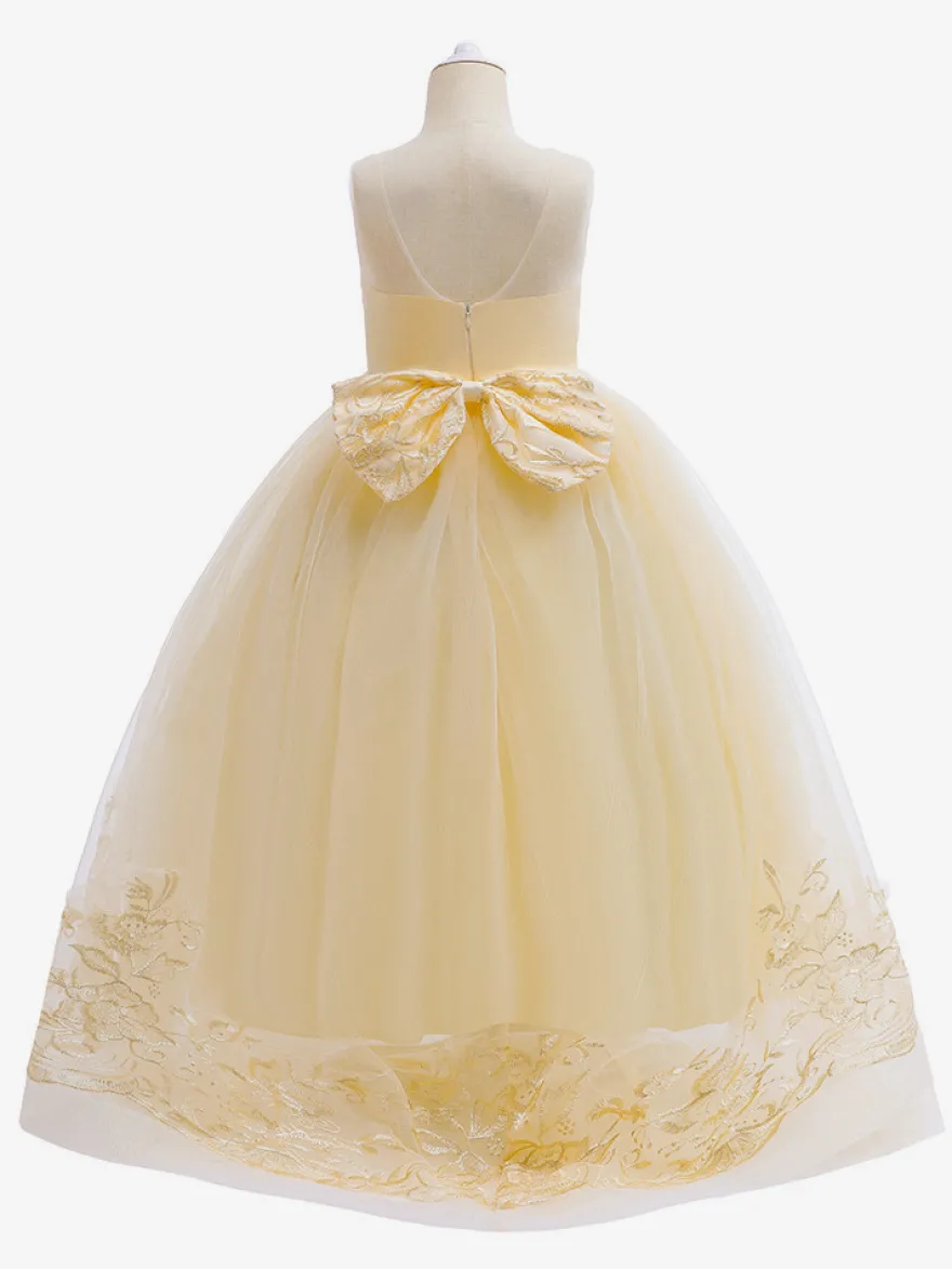 Robes de fille de fleur blanche Champagne dentelle sans manches bijou cou robes de fille de fleur