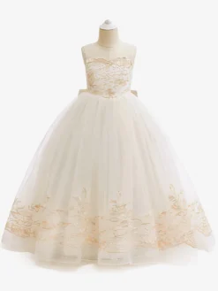 Robes de fille de fleur blanche Champagne dentelle sans manches bijou cou robes de fille de fleur