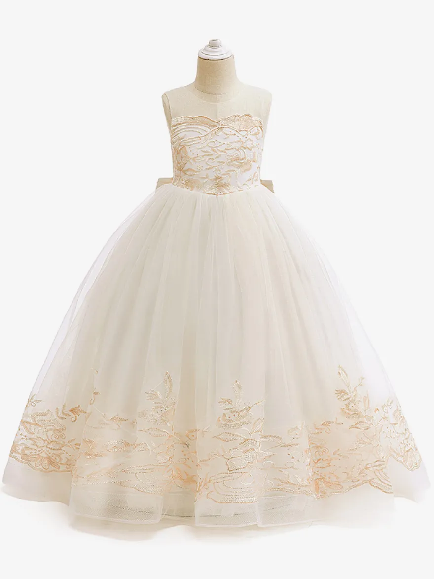 Robes de fille de fleur blanche Champagne dentelle sans manches bijou cou robes de fille de fleur