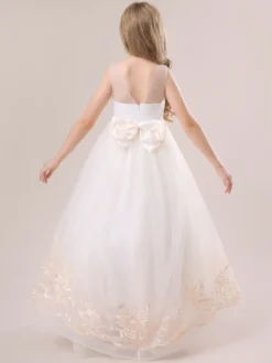 Robes de fille de fleur blanche Champagne dentelle sans manches bijou cou robes de fille de fleur