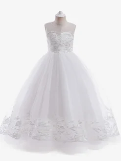 Robes de fille de fleur blanche Champagne dentelle sans manches bijou cou robes de fille de fleur