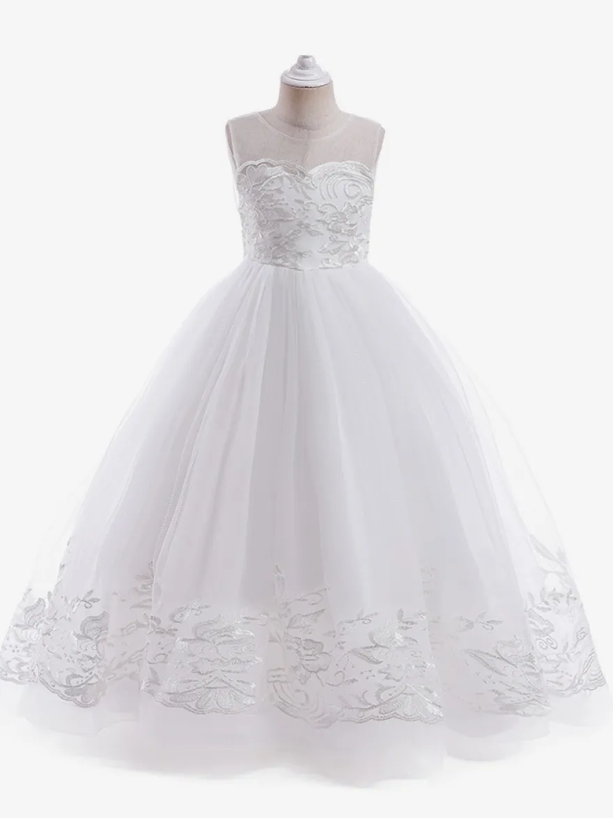 Robes de fille de fleur blanche Champagne dentelle sans manches bijou cou robes de fille de fleur