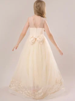 Robes de fille de fleur blanche Champagne dentelle sans manches bijou cou robes de fille de fleur
