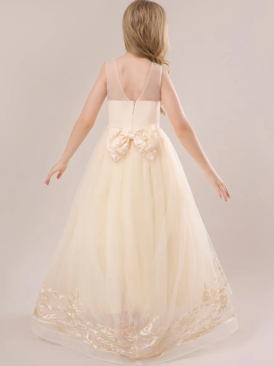 Robes de fille de fleur blanche Champagne dentelle sans manches bijou cou robes de fille de fleur