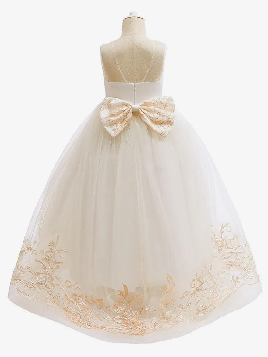 Robes de fille de fleur blanche Champagne dentelle sans manches bijou cou robes de fille de fleur