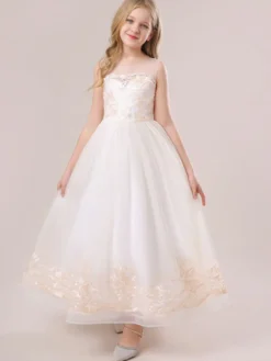 Robes de fille de fleur blanche Champagne dentelle sans manches bijou cou robes de fille de fleur