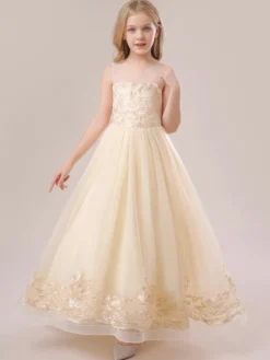Robes de fille de fleur blanche Champagne dentelle sans manches bijou cou robes de fille de fleur