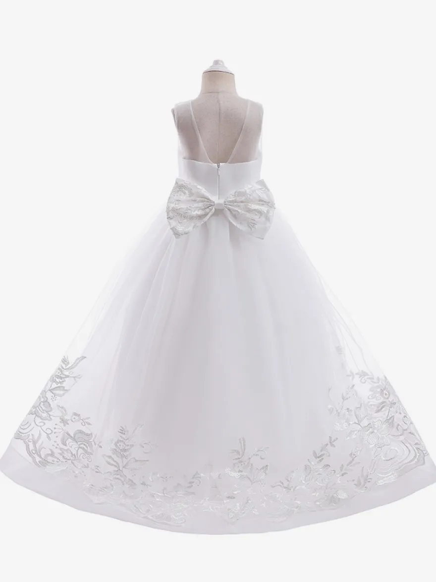 Robes de fille de fleur blanche Champagne dentelle sans manches bijou cou robes de fille de fleur