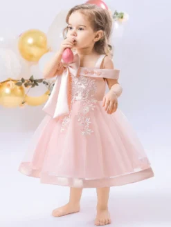Robes de fille de fleur blanche Tulle rose doux sans manches col carré robes de fille de fleur