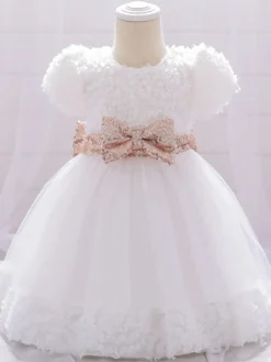 Robes de fille de fleur blanche Robes d'occasion spéciale Dentelle blanche Manches courtes Col bijou Robes de fille de fleur