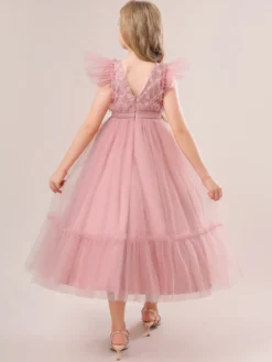 Robes de fille de fleur blanche Robes d'occasion spéciale Tulle blanc manches courtes col bijou robes de fille de fleur