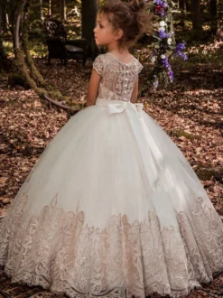 Robes de fille de fleur blanche Champagne Tulle manches courtes bijou cou robes de fille de fleur