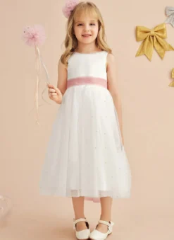 Robes de fille de fleur de mariage Robes d'occasion spéciale Ivoire Ceinture sans manches