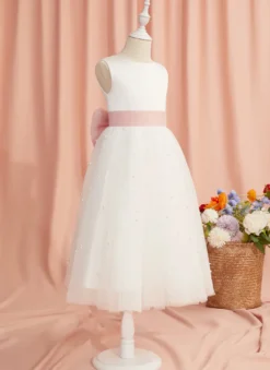 Robes de fille de fleur de mariage Robes d'occasion spéciale Ivoire Ceinture sans manches
