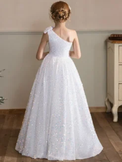 Robes de fille de fleur de mariage Robes d'occasion spéciale Paillettes blanches sans manches