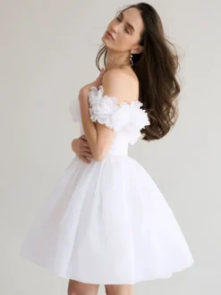 Robes de mariée courtes col bateau sans manches silhouette princesse taille naturelle robe de mariée courte en organza
