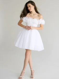 Robes de mariée courtes col bateau sans manches silhouette princesse taille naturelle robe de mariée courte en organza