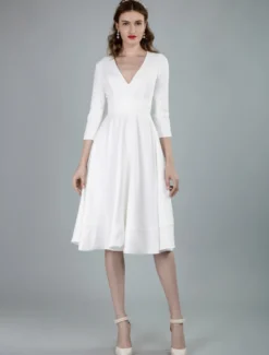 Robes de mariée courtes col en v manches 3/4 longueur longueur genou robe de mariage