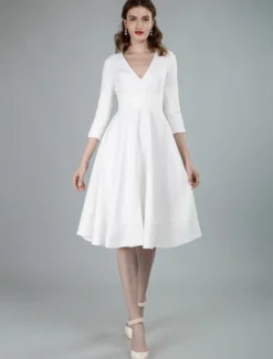 Robes de mariée courtes col en v manches 3/4 longueur longueur genou robe de mariage