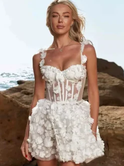 Robes de mariée courtes décolleté en cœur sans manches taille naturelle dentelle