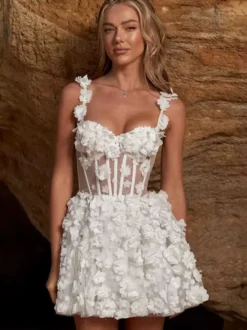 Robes de mariée courtes décolleté en cœur sans manches taille naturelle dentelle