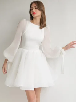 Robes de mariée courtes en organza à col rond et manches longues et taille naturelle