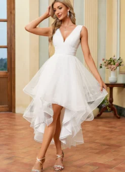 Robes de mariée courtes longueur cheville col en V sans manches coupe trapèze en tulle