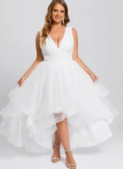 Robes de mariée courtes longueur cheville col en V sans manches coupe trapèze en tulle