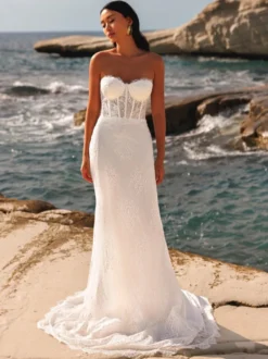 Robes de mariée longueur au sol sans manches en dentelle sans bretelles