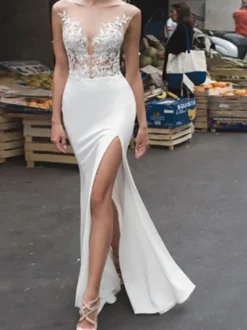 Robes de Mariée Robe Sirène à Fente Sans Manches Dos Nu Robe Décolletée Robe de Mariage