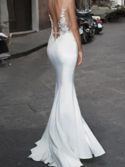 Robes de Mariée Robe Sirène à Fente Sans Manches Dos Nu Robe Décolletée Robe de Mariage