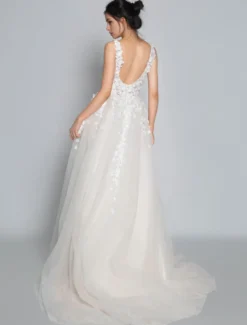 Robes de mariée rose en tulle col V dos nu décoré des fleurs à traîne