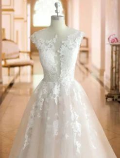 Robes de mariées princesses à traîne en mousselines dos transparent boutonné sur dos Robe mariée vaporeuse
