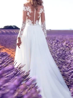 Robes de mariée trapèze blanche en chiffon col V manche longue en dentelle dos transparent à traîne robe de mariage