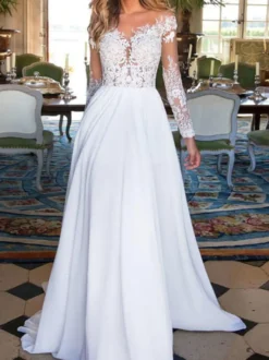 Robes de mariée trapèze blanche en chiffon col V manche longue en dentelle dos transparent à traîne robe de mariage