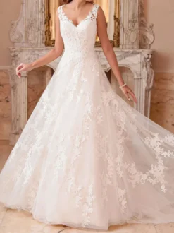 Robes de mariée trapèze col V dos transparent en dentelle à traîne Robe de mariée