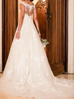 Robes de mariée trapèze col V dos transparent en dentelle à traîne Robe de mariée