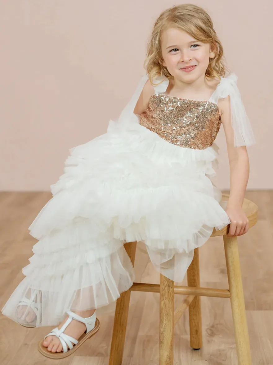 Robes de soirée de mariage Princesse Enfants Robe de soirée sociale Mariage Robe de fille de fleur de mariage Robes de fille de fleur sans manches Arcs à plusieurs niveaux Rose